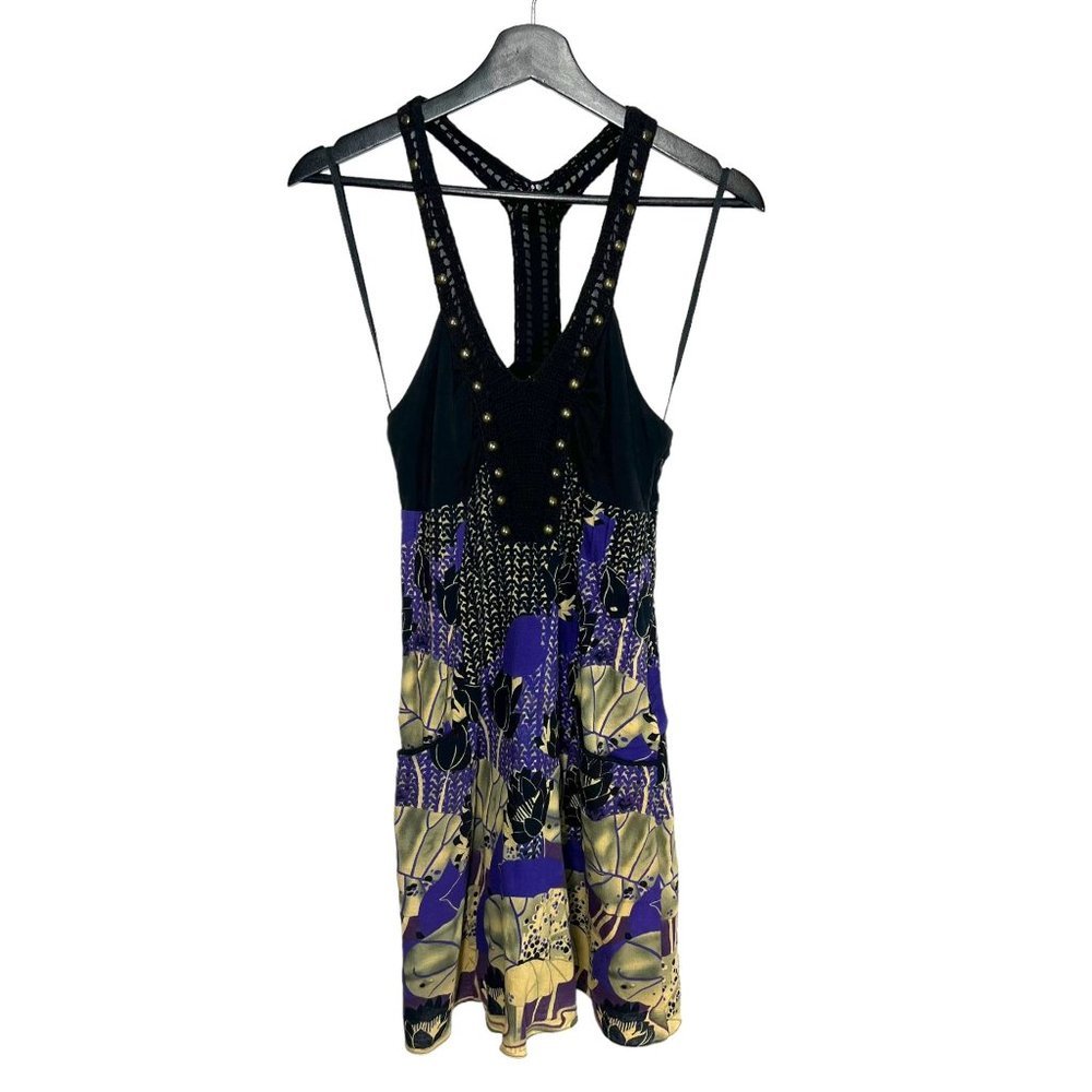 Free People Black Purple Crochet Racerback Sleeveless Floral Print Dress Small